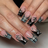 Shopmocho 24pcs Glossy Black Fake Nails For Spicy Girls Shimmery Rhinestone French Style Cross Press On Nail Mid-length Coffin Cool Nails