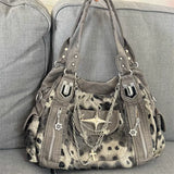 SHOPMOCHO Grey Leopard Print Hangbag Cross Star Subculture Y2k Shoulder Bags Hot Girl Tote Large Capacity Portable Messenger Bag 2026 New