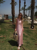 Shopmocho Women Off Shoulder Pink Satin Maxi Dresses Fashion Sleeveless Backless Bodycon Hollow Out Gowns Female Evening Party Robes 2025