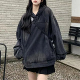 Shopmocho American Style Vintage Women's Denim Sweatshirt Jacket Loose Fit Hooded Pullover Sweatshirt Trendy Spring Autumn 2025 Arrival