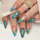 SHOPMOCHO 24pcs Golden Lines Patterns False Nails Dark Purple Blush French Fake Nails for Spice Girls Sweet Cool Almond Ins Nails Press On