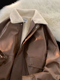 Shopmocho Y2K Fashion Lapel Leather Coat Cotton-padded Jacket Coat Women High Street Vibe Vintage Casual Pilot Jacket Cotton-padded Jacket