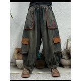 Shopmocho Retro Pocket Harlan Denim Lantern Pants Loose Nine Points Elastic Waist Loose Fit Women's High Waist Jeans Lantern Trousers
