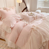 Shopmocho Korean Style Princess Lace Bow Bedding Set Pink Sweet Girl Chiffon Ruffles Duvet Cover Bed Sheet Pillowcase Wedding Home Textile