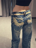 SHOPMOCHO American Personalized Gold Wing Embroidered Jeans Children's 2025 Spring Hot Girl Design Sense Low Waist Micro Flared Pants