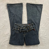 SHOPMOCHO Y2K Vintage Low Rise Flare Jeans Women Harajuku Fashion Pockets Buckle Belt Blue Denim Pants Gothic Hot Girl Slim Fit Trousers
