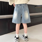 SHOPMOCHO New Summer Girls Denim Shorts Cartoon Hello Kitty Fashion Loose Knee Length Jeans Pants For 4-14 Years Teen Kids Casual Trousers