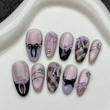 SHOPMOCHO 10pcs Purple Cat's Eye Handmade Fake Nails Tips Glitter Mid-length Oval Press on Nails Art Bow Rhinestone Design False Nail Sets