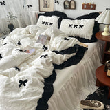 SHOPMOCHO Korean Princess Style Kawaii Girl Black Bow Bedding Set Skin-friendly Soft Duvet Cover Set Bed Sheet Or Bed Skirt Pillowcases