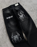 SHOPMOCHO Hip Hop Gothic Retro Spider Pattern Embroidery Baggy Jeans Y2k America Trendy Punk Mens Straight Wide Leg Denim Pants Black Jean