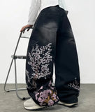 SHOPMOCHO Hip Hop Cherry Blossom Embroidery Baggy Jeans Harajuku Women Wide Leg High Waisted Denim Pants Y2k Trend Jeans Women Clothing