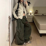 SHOPMOCHO Retro Green Work Pants High Waist Wide Leg Loose Fit for Men And Women Street Style Casual Comfortable Denim Trousers