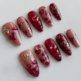 Shopmocho 24pcs Wearable False Nail Strawberry Bow Design Nails Tips Red Short Almond Pearl Starlight Fake Nail Art Flower Press on Nails