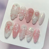 Shopmocho 24pcs Press on Nails Tips Strawberry Rabbit Design Almond False Nails Sets Gradient Green Fake Nail Finished Detachable Manicure