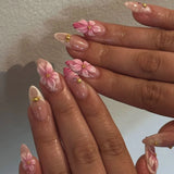 Shopmocho 24pcs Pink Almond False Nails Press on Wearable Sweet Flower Nails Tips Pearl Design Mid-length Fake Nail Rhinestone Manicure