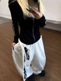 SHOPMOCHO American Retro Flame Letter Print Detachable Strap Scimitar Pants Jazz Casual Hip-Hop Loose Wide-Leg Fashion Jogging Sweatpants