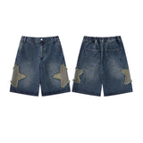 Shopmocho Fashion Star Patch Denim Shorts BF Style Loose Versatile Wide Leg Half Pants Women's Summer High Waisted Straight Leg Pants