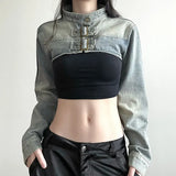 SHOPMOCHO  Y2K Cropped Denim Jacket Women Vintage 90S Sexy Long Sleeve Jeans Coats Summer Gyaru Harajuku Streetwear Design Outerwears