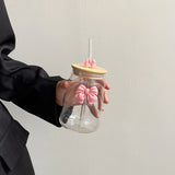 Shopmocho 1Pc Glass with Lid and Straw, Elegant Bow Girl's Glass Cup, Wavy Glass with Lid, Stripesd Glass Cup for Home Decoration, Home Drinking Water, Breakfast Cup, Milk Cup, Afternoon Tea Coffee Cup, Valentine's Day Gift