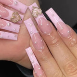 Shopmocho 24pcs Rhinestones Full Cover Nail Art Datachable Glitter French Press on Nails Tip Flower Long Square Fake Nail Pink False Nails