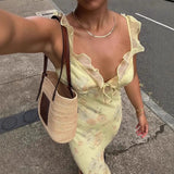 SHOPMOCHO Summer Flower Printed Women's Sexy Low-cut Dress Sleeveless Backless Slim Sling Dresses 2025 Beach Vacation Lady Vestidos