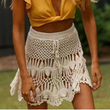Shopmocho Handmade Crochet Hollow Out Swimwear Cover Up Solid Color Drawstring Short Skirt Women Holiday Knitting Sweet Beachwear