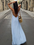 Shopmocho Casual Women's Blue Pleated Sling Long Dress Elegant Sleeveless Backless Off Shoulder Slim Fit Dresses Beach Party Women's Robe