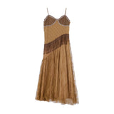 Shopmocho Korean style Ethnic Irgular Spaghettic Strap Fairy Boho Hippie Dress Women Tassel Mesh Stitching Spice Summer Beach Slim Dress