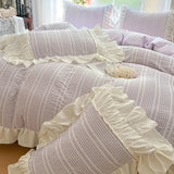 Shopmocho Pink Korean Princess Style Lace Ruffles Bedding Set Skin-friendly Seersucker Duvet Cover Set Fitted Sheet/Bed Sheet Pillowcases