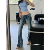 Shopmocho Women Gyaru Japanese Harajuku Trashy Y2K Jeans Low Rise Flare Denim Pants 2000s Bell-Bottom Long Trousers Kpop Vintage Slim Hot