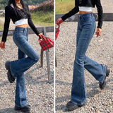 Shopmocho Woman Elastic High Waist Bell Bottom Jeans Female High Street Designer Flare Pants Lady Fashion Blue Black Gothic Denim Trousers