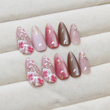 SHOPMOCHO 24Pcs Peach Blossom Press on Nails Cat's Eye Nude Glitter False Nail for Women&Girl Spring and Summer Detachable Wearable Nail