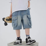 SHOPMOCHO Boys' Workwear Denim Shorts Summer 2026 New Teenage Children's Pocket Design Outdoor Wear Loose Jeans Big Kids Mid-Pants