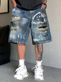 SHOPMOCHO 2026New Men Vintage Washed Denim Shorts Smiley Graffiti Distressed Ripped Jeans Shorts Street Fashion Casual Knee Length Bottoms