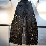 SHOPMOCHO European 2025 Hollow Lace Jeans Women Summer New Black Lace Denim Pants Heavy Industry Beads Hot Diamond Denim Splicing Crochet