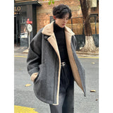 SHOPMOCHO Men Winter Berber Fleece Jacket Parka Coat Mens Multi-pockets Stand Collar Casual Thick Warm Jacket Man Khaki/Dark Gray