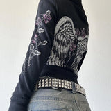 SHOPMOCHO 00s Aesthetic Vintage Jacket Y2k Grunge Zip Up Sweatshirt Flower Wings Print Slim Fit Hoodies E-girl Gothic Cool Street Outwear