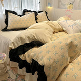 Shopmocho 1.5/1.8 Korean Style 100% Cotton Fitted Sheet Sets with Lace Flower Print Bedding Set for Seasons Home Bedclothes for Adult Kids