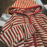 SHOPMOCHO Contrast Color Stripe Hood Knit Cardigan Women Autumn and Winter New Loose Design Sense Long Sleeve Cardigan Sweater Outerwear