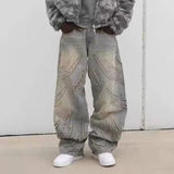 SHOPMOCHO Street Gothic Retro High Waisted Wide Leg Trousers 2025 Y2k Hip Hop Baggy Jeans Men's Street Fashion Raw Edge Embroidered Jeans