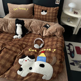 SHOPMOCHO Kawaii Bear Embroidered Winter Bedding Set Thickened Warm Milk Velvet Duvet Cover Set with Sheets Soft Flannel Quilt Cover Kit