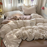 SHOPMOCHO Ruffles Bedding Set Floral Style Duvet Cover Pillowcase with Bedsheet Skin-friendly Bed Linen Set Girls Room Bedclothes