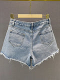 SHOPMOCHO Y2K Distressed Diamond Tassel Blue Short Jeans Ripped Loose Wide Leg Denim Shorts 2025 Korean Women Fashion Casual Shorts