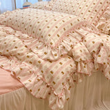 SHOPMOCHO 2/3Pc Korean Princess Style Floral Ruffles Bedding Set Single Queen Size Soft Skin-friendly Washed Cotton Duvet Cover Pillowcase