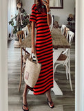 Shopmocho Summer women's loose striped printed long dress with slits on both sides and V-neck