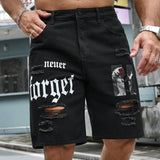 SHOPMOCHO Men Summer Fashion Denim Shorts Jeans For Men Streetwear Letter Ripped Knee Length Baggy Comfort Cargo Casual Shorts Pants Jeans