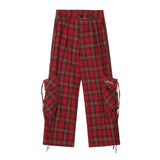 Shopmocho American Style Streetwear Large Pocket Red Plaid Work Casual Pants Women's Winter 2025 New Loose-Fit Wide-Leg Drag Pants