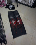 SHOPMOCHO Y2K Goth Streetwear Cargo Pants Beige Wide Leg Trousers with Red Floral Graffiti Print Loose Fit Casual Punk Hip Hop Bottoms