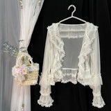 SHOPMOCHO Lolita Sweet Women Shirts Lace Mesh Harajuku Blouse Y2K Aesthetic Long Sleeve Preppy Style Female Cardigan Japanese Ruffles Tops