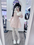 SHOPMOCHO Winter Design Fashion Elegant Pink Slim Woolen Cloth Coat Women Kawaii Sweet Warm Fur Collar Bow Lace Patchwork Casual Overcoat